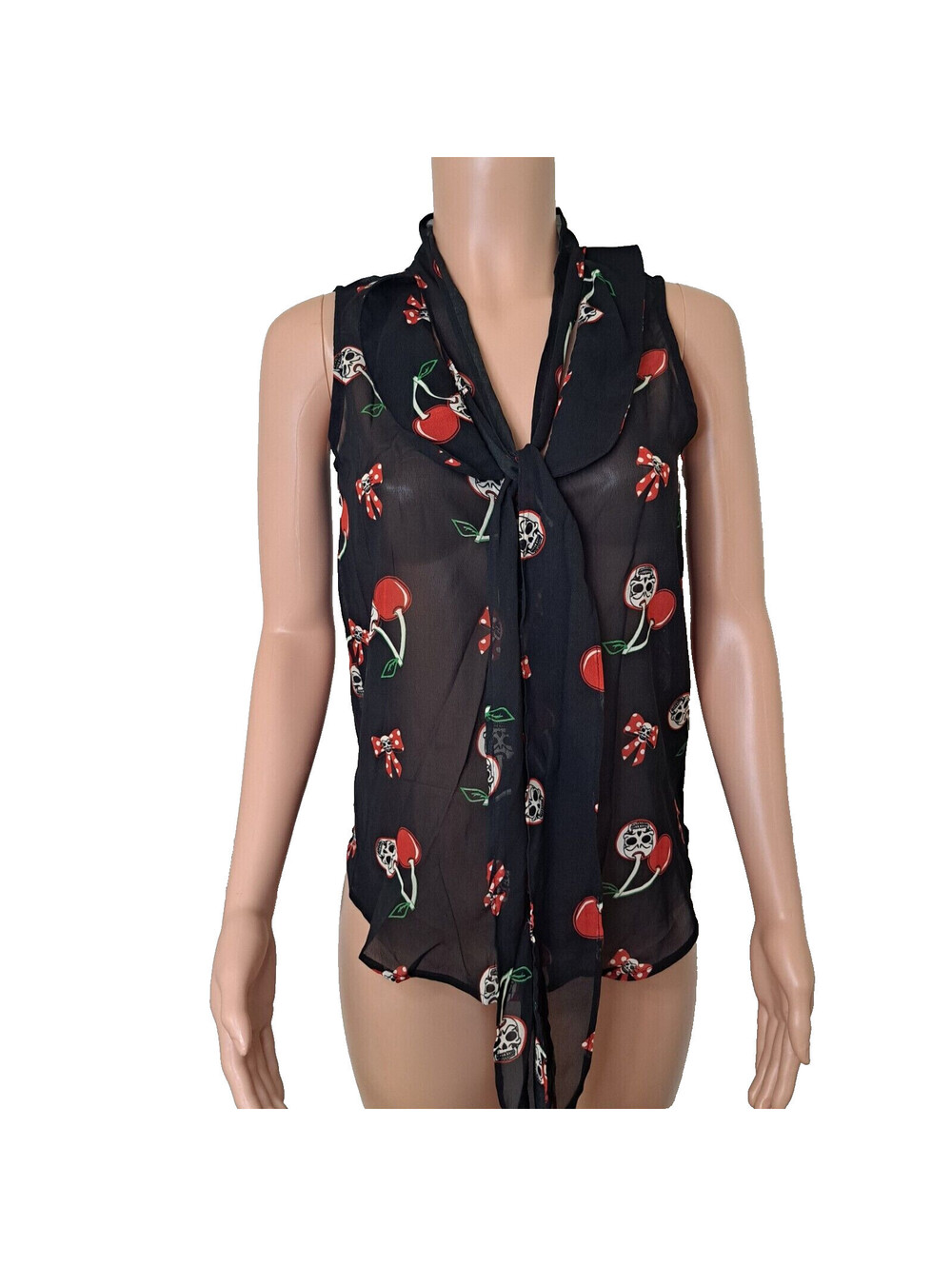 Dead Threads Sheer Skulls & Cherries Blouse S Tie Collar